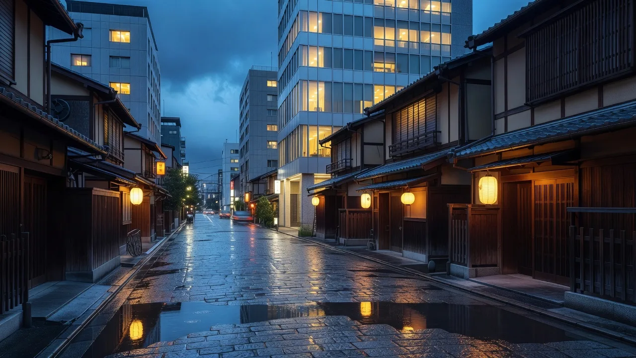 雨上がりの京都、夕暮れの路地。