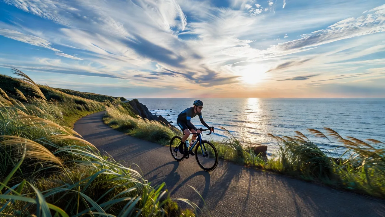 朝焼けの海岸路を行く、一人のライダー。